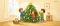 Drei Kinder schmücken einen Weihnachtsbaum mit Sternen in einem hellen Wohnzimmer mit Fenster, Korb und Bücherregal, im Illustrations-Stil